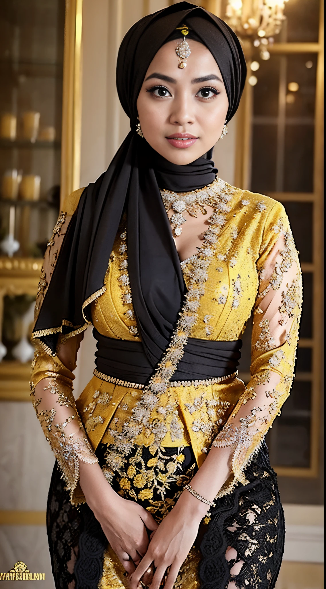 RAW, Best quality, high resolution, masterpiece: 1.3), beautiful Malay woman in hijab,Masterpiece, perfect fit body, thick thighs, (Huge breasts), big gorgeous eyes, Soft smile,((Close Up)),woman in a yellow top kebaya and black skirt standing on a sidewalk, yellow translucent lace, intricate clothing, intricate outfit, yellow ornate dress, with yellow cloths, elegant yellow skin, very beautiful enga style, traditional beauty, intricate clothes, yellow and black, yellow clothes, (((yellow))), wearing an ornate outfit, lace, traditional clothes, yellow, black and yellow, Delicate turtleneck, necklace, shairband, afternoon walk, City garden, Excellent lighting, Bright colors, Clean lines