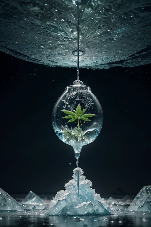Explore the intersection between nature and the magical world of cannabis . Visualize a frozen universe where cannabis intertwines with elements of freezing and growth, creating a unique waterscape. Describe a mesmerizing and surreal scene that captures the extraordinary fusion between freezing and expanding cannabis in glaciers