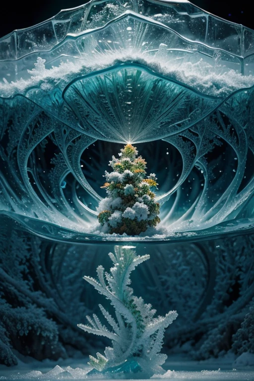 Explore the intersection between nature and the magical world of cannabis . Visualize a frozen universe where cannabis intertwines with elements of freezing and growth, creating a unique waterscape. Describe a mesmerizing and surreal scene that captures the extraordinary fusion between freezing and expanding cannabis in glaciers