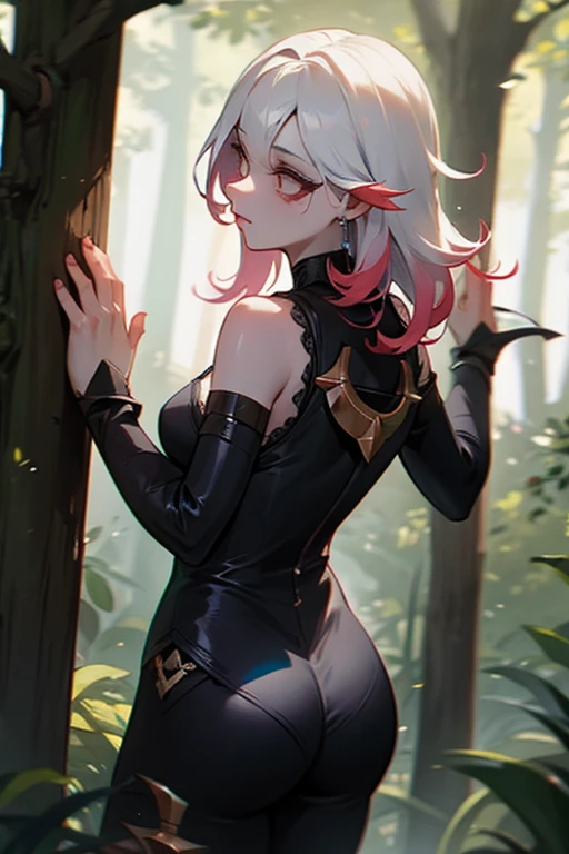 black body suit, briar, league of legends, white hair, white eyes, in woods, back turned