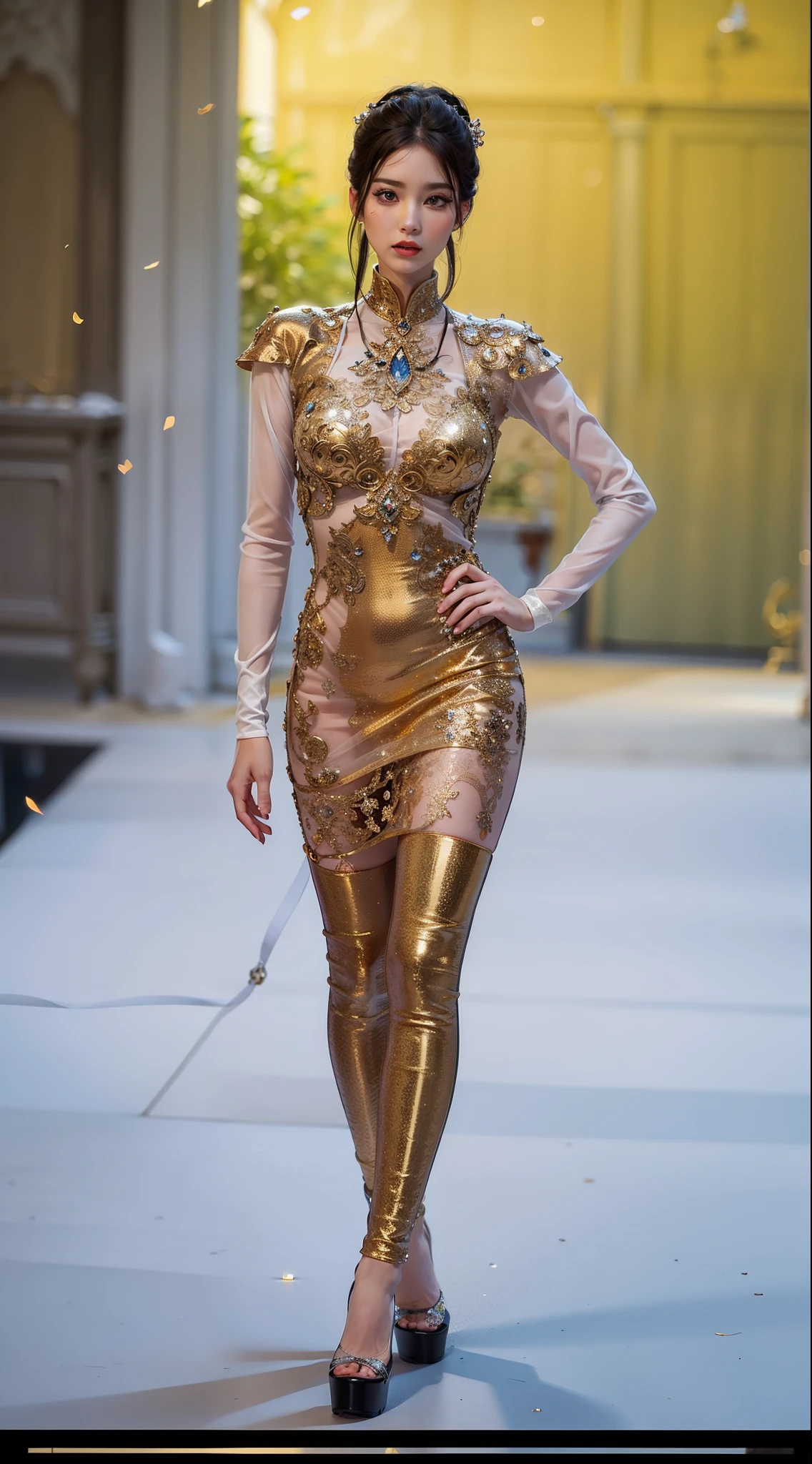Imperial sister，A detailed eye，Detailed facial expressions，Ripe body，Tall figure，the number，legs long，4K，k hd，fleshy feeling，White translucent lace，Fair and plump figure，Nice face，Cherry small mouth，beautiful and delicious（3D royal sister)，Gorgeous dress encrusted with gemstones crystal gold diamonds，