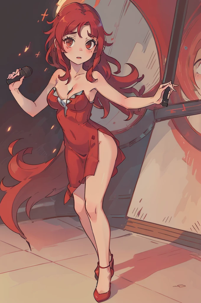 (best quality,ultra-detailed,realistic:1.37),vivid colors,portraits,studio lighting,jazz club,girl with long red hair and full body,long red elegant dress,standing straight,singing a seductive song,bare shoulders,showing a little ankle,holding a standing microphone