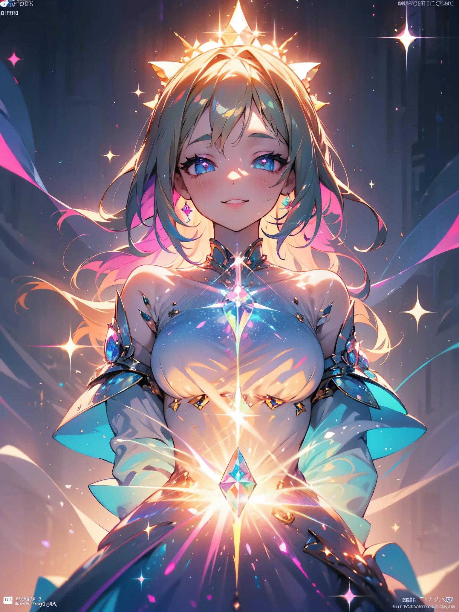 fantasy art, neon magic, beautiful girl in dress, sea fairy, smiling, dreamy colors, glowing around, light background, symmetrical eyes, symmetrical nose, sparkles, emerald eyes, black symmetrical pupils, dark blond hair with tender pink and purple curls, beige or white detailed casual closes with cute magic neon print, detailed magic fantasy city background, magic city, neon lights, UHD, 128k,