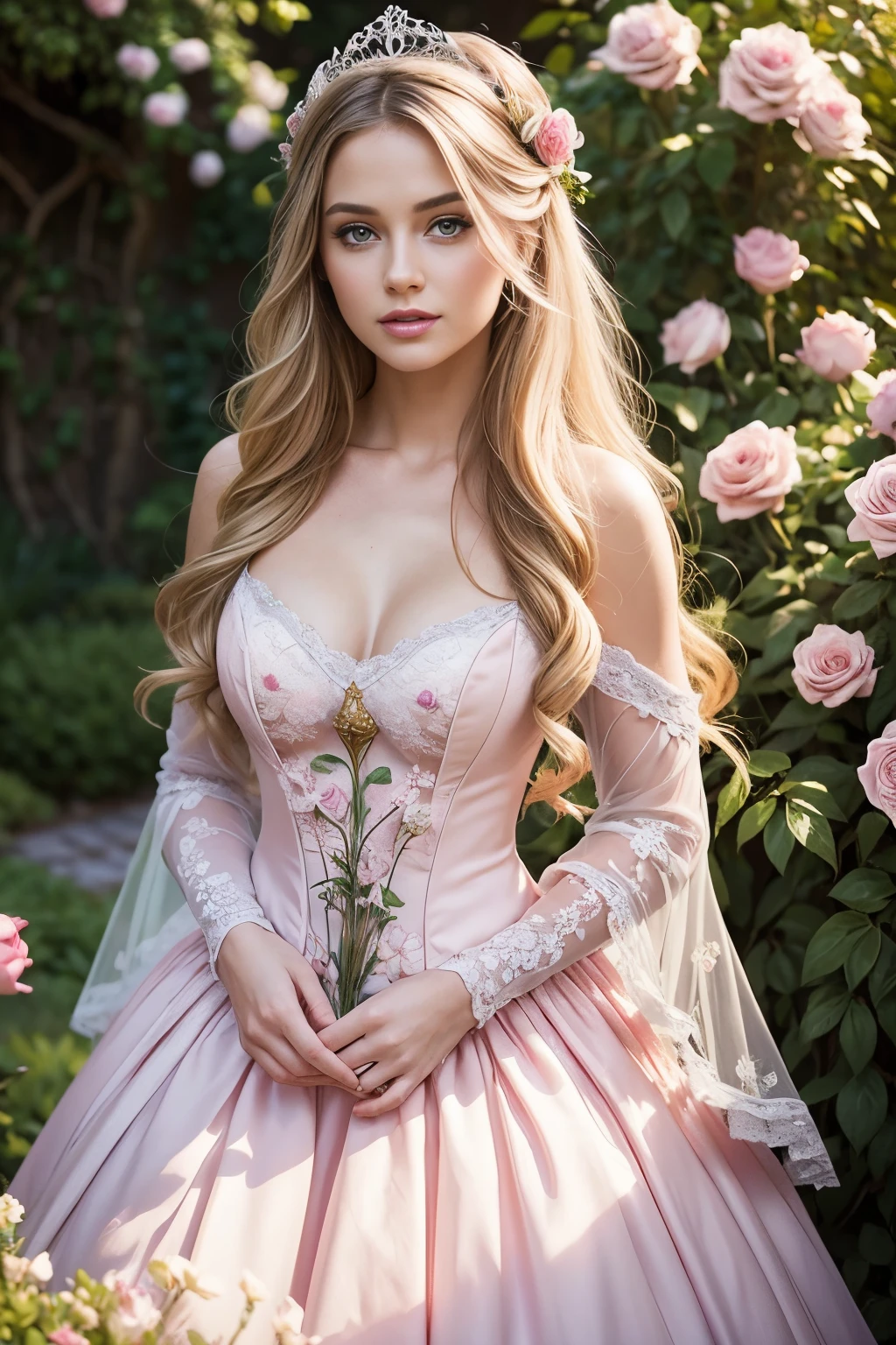 storybook scenes, fairy tale gorgeous princess, she is a men magazine model, flirts with camera, in a garden of roses, Rococo style, pastel colors