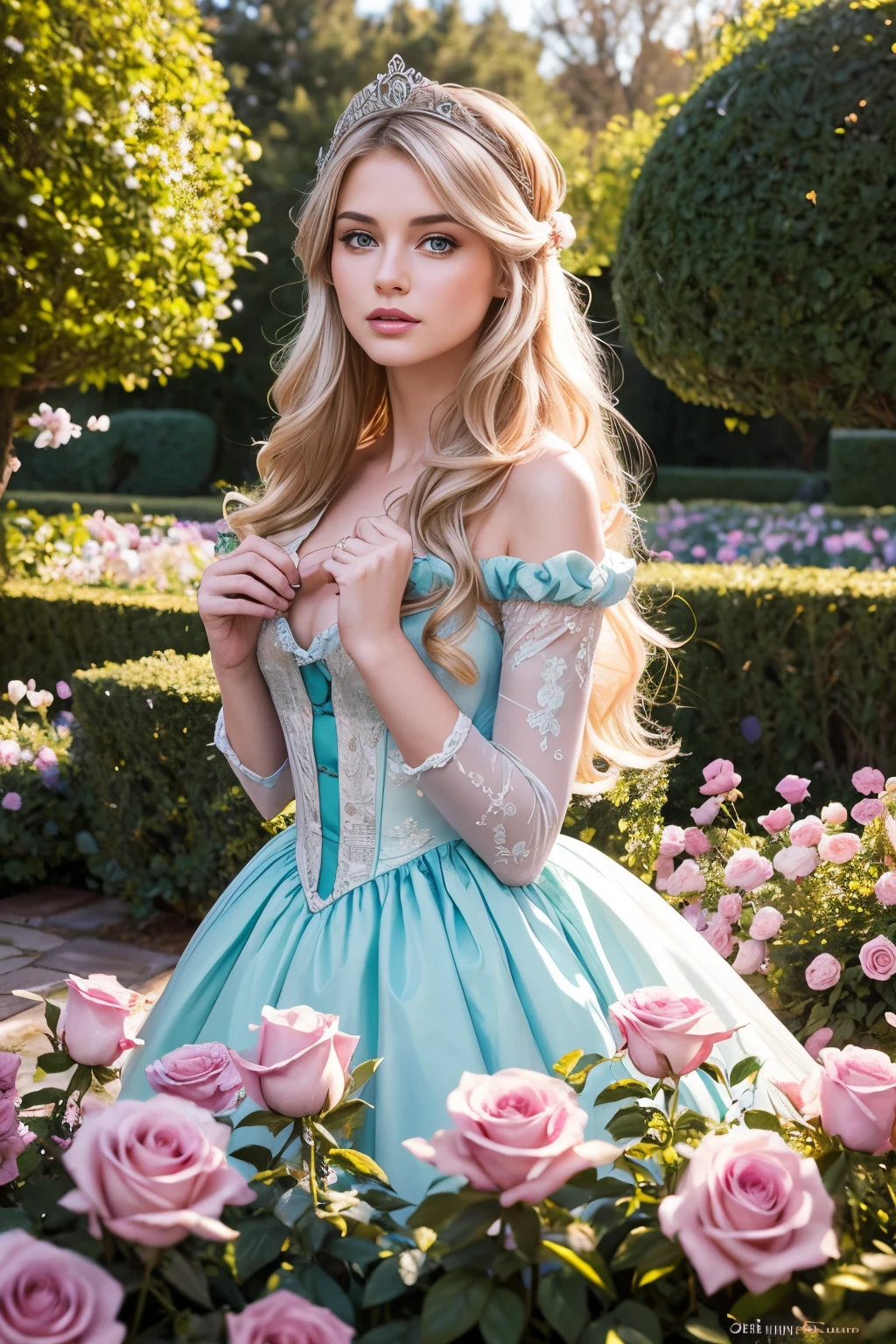 A woman in a blue dress standing in a garden with roses - SeaArt AI