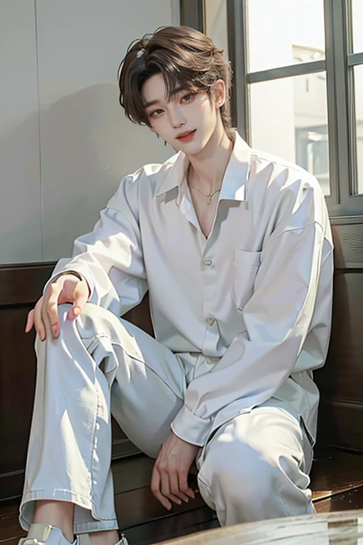 ((4K Portfolio))、master-piece、(最高品質)、((high image quality))、((Manly Boy.))、Slim body、((white jeans shirt))、(detailed beautiful eyes)、windows、He looks like Jaewon from Ru Seraphim.....、((short hair style....))、((Smaller faces))、((Neutral face))、((Light brown eyes))、((Korean Boys))、((20 age))、((Handsome Man))、((A smiling expression on his face.....))、((Korean Makeup))、((The eyes are long and sharp.....))((The background is a pub...))、((Photos of models))、professional foto、((Shoot alone.....))、((FULL-body shooting))、((Pose style))
