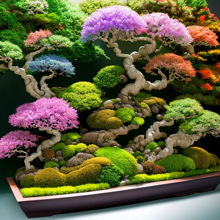 A masterpiece in the form of a world of bonsais with rainbowcolored flowers inside a beautiful, illuminated miniature bonsai forest, 3d render, photo, poster, wildlife photography