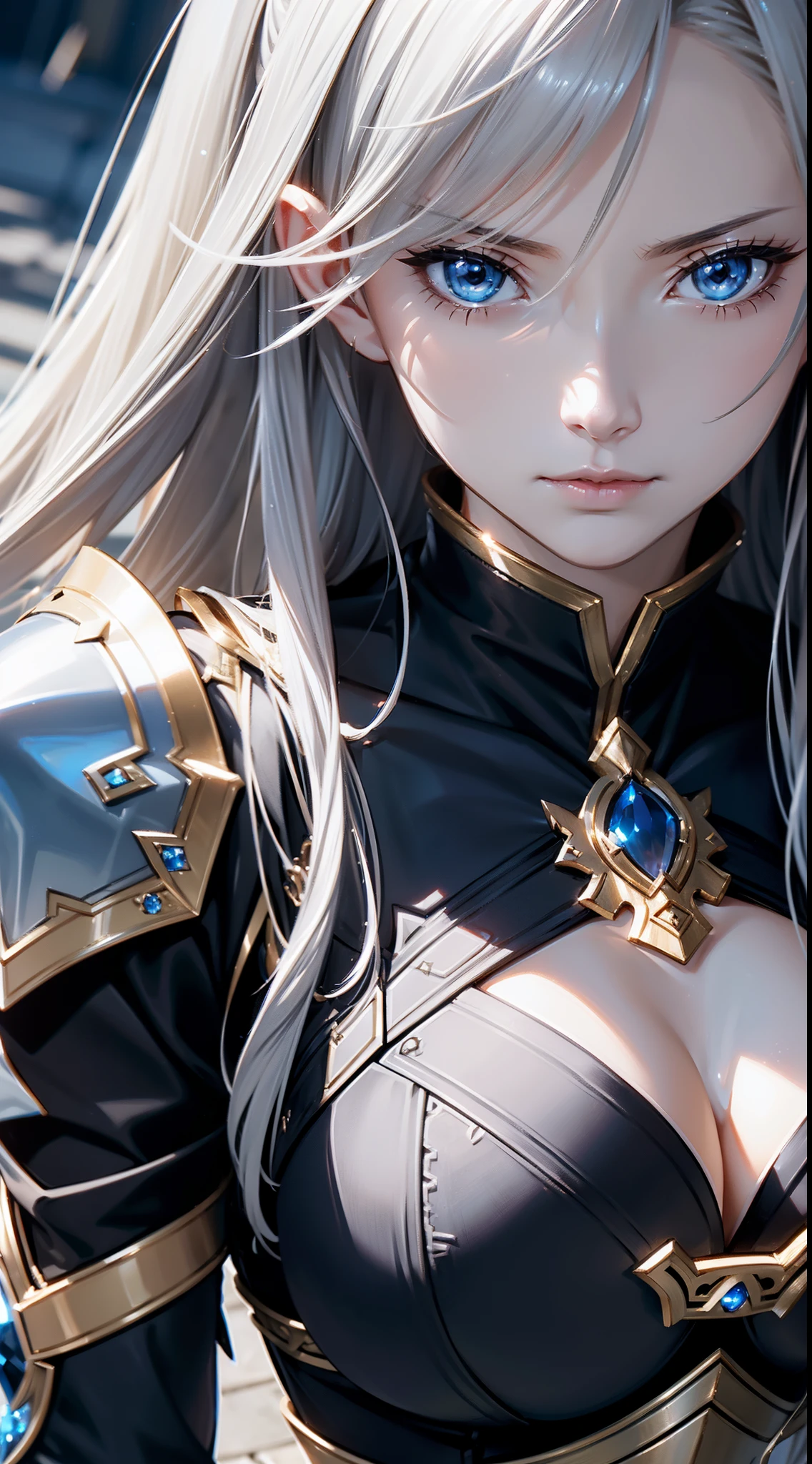 (Katalina from granblue fantasy), elegant,  female, silver full armor, serious face, high resolution, extremely detail 8k cg, close-up face