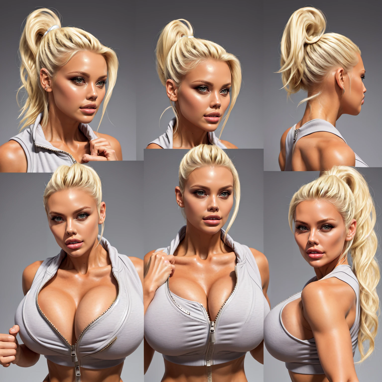 character design sheet, gorgeous woman, blonde,   cleavage, jogger, 
, zipper front open,  ponytail, different hairstyle,