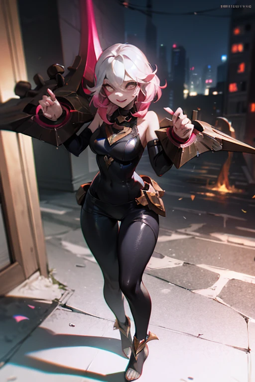 black body suit, briar, league of legends, white hair, white eyes, in city, wink