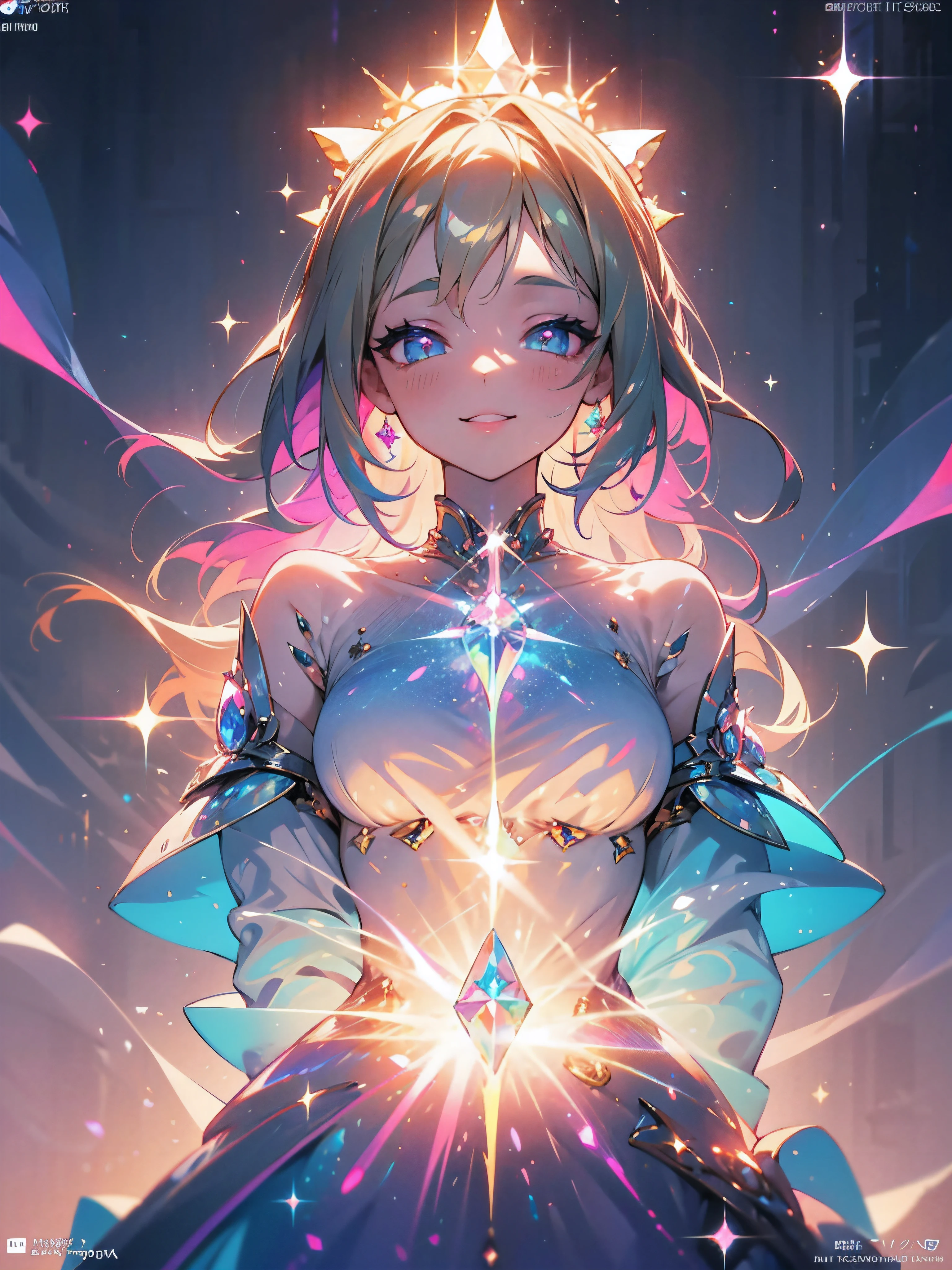 Fantasy art, neon magic, Beautiful girl in dress, sea fairy, Smiling, Dreamy colors, glowing around, light background, symmetric eyes, symmetrical nose, sparkles, emerald eyes, black symmetrical pupils, dark brown hair with soft pink and purple curls, Casual styles in beige or white with a cute, magical neon print., Detailed magical fantasy city background, Magic City, neon lights, UHD, 128 K.,