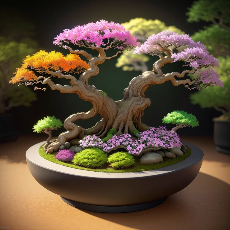 A masterpiece in the form of a world of bonsais with rainbowcolored flowers inside a beautiful, illuminated miniature bonsai forest, 3d render, photo, poster, wildlife photography