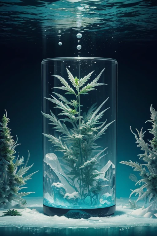 "Explore o fascinante mundo da cannabis congelada com 'Frozen Cannabis'. Visualize an aquatic environment where cannabis elements are immersed in a frozen state, creating a unique underwater landscape. Describe an intriguing and surreal scene that captures the extraordinary fusion between the nature of cannabis and the effects of freezing on the ocean floor. Let your imagination run wild and create a work of aquatic art that conveys the uniqueness and magic of &#39;Frozen Cannabis&#39;."