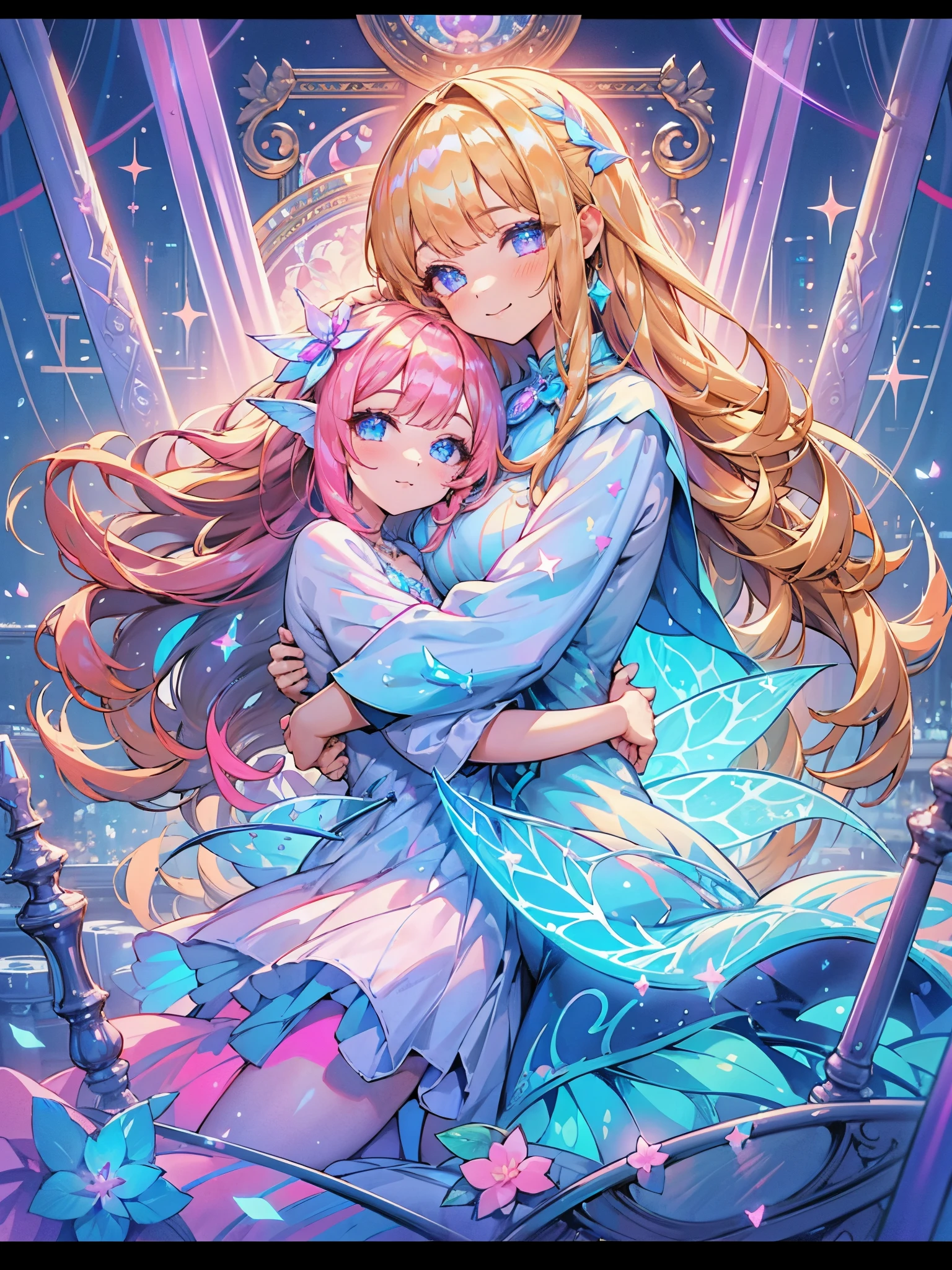 fantasy art, neon magic, beautiful girl in dress, sea fairy, smiling, dreamy colors, glowing around, light background, symmetrical eyes, symmetrical nose, sparkles, emerald eyes, black symmetrical pupils, dark blond hair with tender pink and purple curls, beige or white detailed casual closes with cute magic neon print, detailed magic fantasy city background, magic city, neon lights, UHD, 128k,