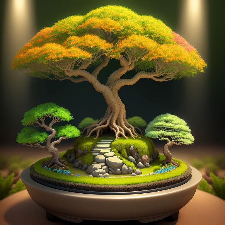 A masterpiece in the form of a world of bonsais with rainbowcolored flowers inside a beautiful, illuminated miniature bonsai forest, 3d render, photo, poster, wildlife photography