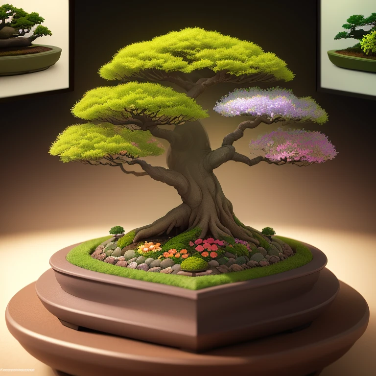 A masterpiece in the form of a world of bonsais with rainbowcolored flowers inside a beautiful, illuminated miniature bonsai forest, 3d render, photo, poster, wildlife photography