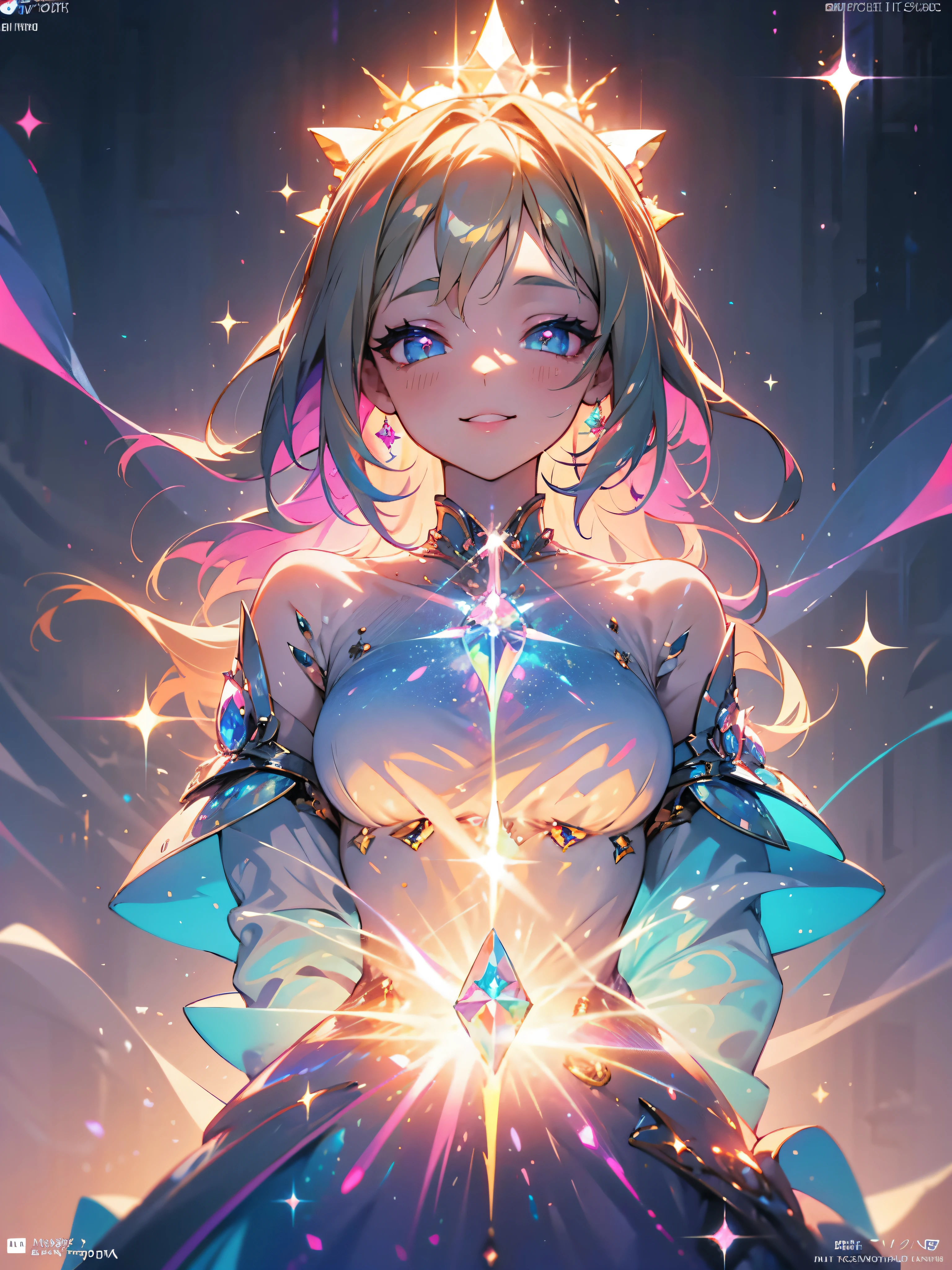 Fantasy art, neon magic, Beautiful girl in dress, sea fairy, Smiling, Dreamy colors, glowing around, light background, symmetric eyes, symmetrical nose, sparkles, emerald eyes, black symmetrical pupils, dark brown hair with soft pink and purple curls, Casual styles in beige or white with a cute, magical neon print., Detailed magical fantasy city background, Magic City, neon lights, UHD, 128 K.,
