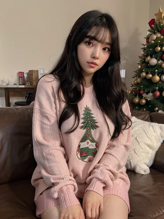 Beautuful Women,Korean girl,Long curly black hair,Air bangs,Pink sweater,on the living room sofa,largeeyeair skin,Christmas tree