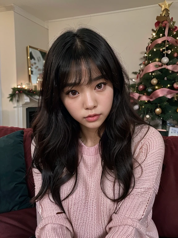 Beautuful Women,Korean girl,Long curly black hair,Air bangs,Pink sweater,on the living room sofa,largeeyeair skin,Christmas tree
