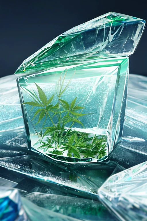 Imagine a captivating and artistic representation of cannabis immersed in a frozen state, criando uma imagem intrigante e surreal.