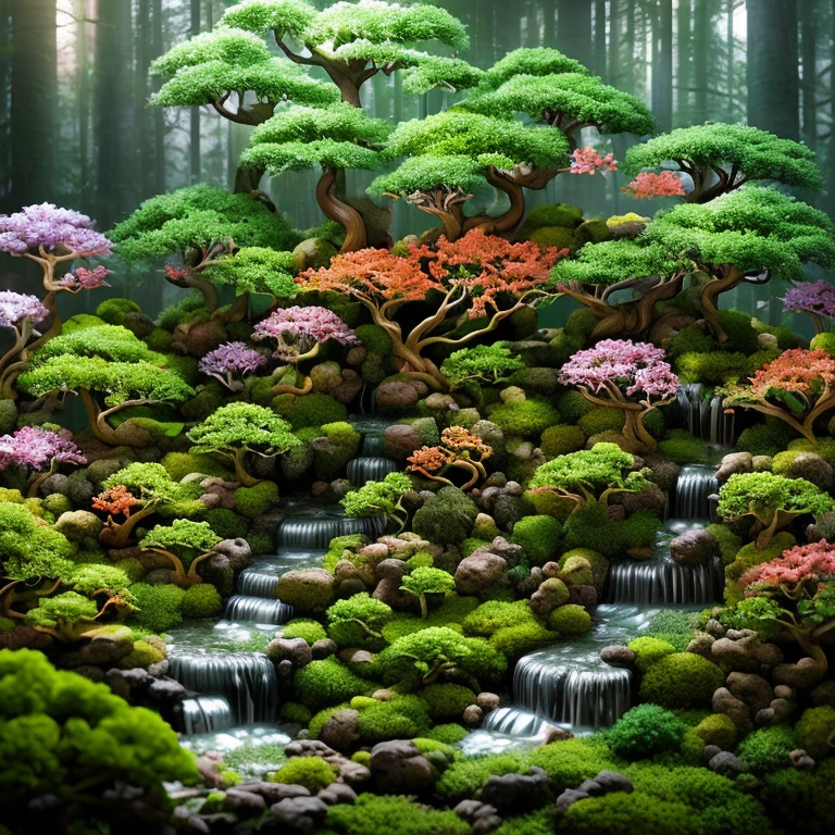 A masterpiece in the form of a world of bonsais with rainbowcolored flowers inside a beautiful, illuminated miniature bonsai forest, 3d render, photo, poster, wildlife photography