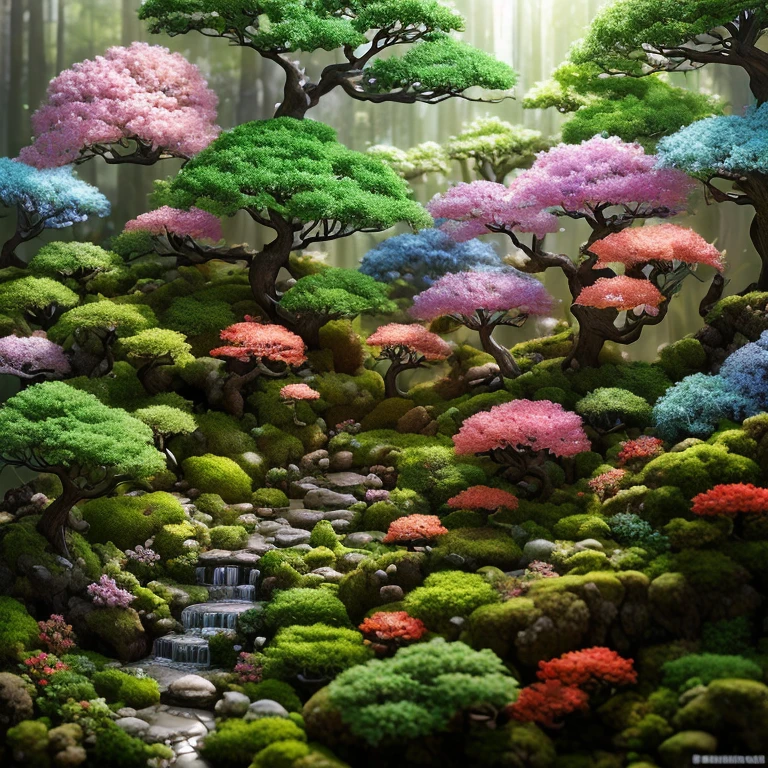 A masterpiece in the form of a world of bonsais with rainbowcolored flowers inside a beautiful, illuminated miniature bonsai forest, 3d render, photo, poster, wildlife photography