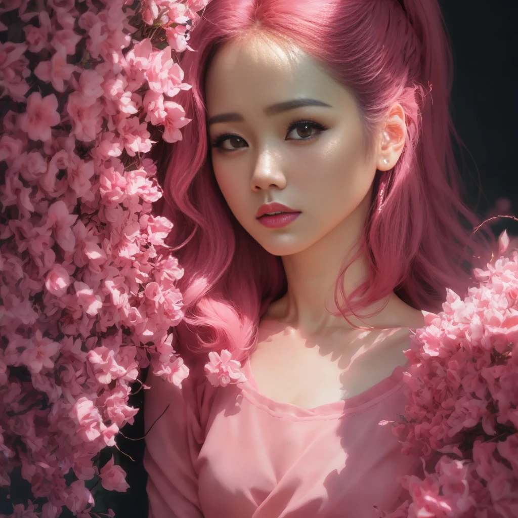 pink background, hyper realistic lifelike texture dramatic lighting unreal engine trending on art station, award winning photo, nikon RAW photo,8 k, Fujifilm XT3,masterpiece, best quality, realistic, photorealistic, ultra detailed, extremely detailed face, solo,1girl, standing, fashionable and trendy atmosphere, high-end makeup products, and a stylish expression on her face, close up, pink t-shirt, closed mouth, closed lips,