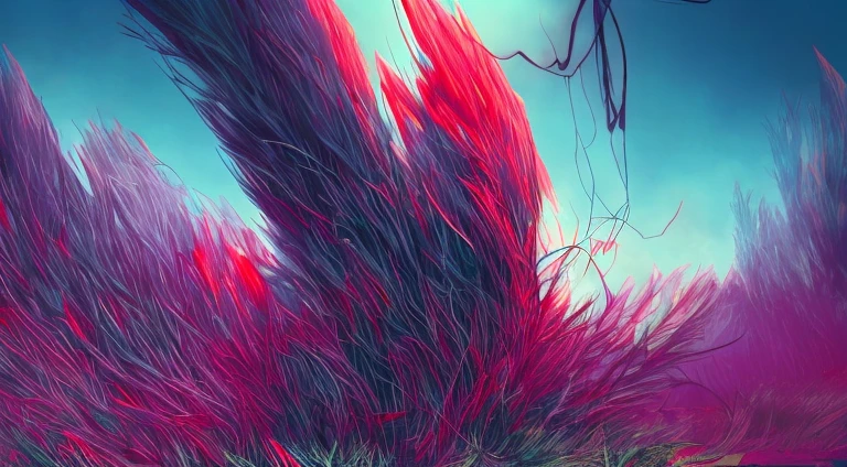 En primer plano, hay una enorme, ser sensible, con una apariencia retorcida e inhumana. The being is made of wires., Circuitos, and mechanical parts, y parece emerger del suelo, como si surgiera de las profundidades de la tierra. Sus ojos brillan con una intensa, Luz roja, y su boca esta abierta, revelando filas de afilados, dientes metalicos.