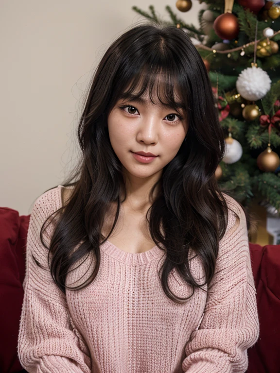 Beautuful Women,Korean girl,Long curly black hair,ssmile,largeeyeair skin,Air bangs,Pink sweater,Christmas tree