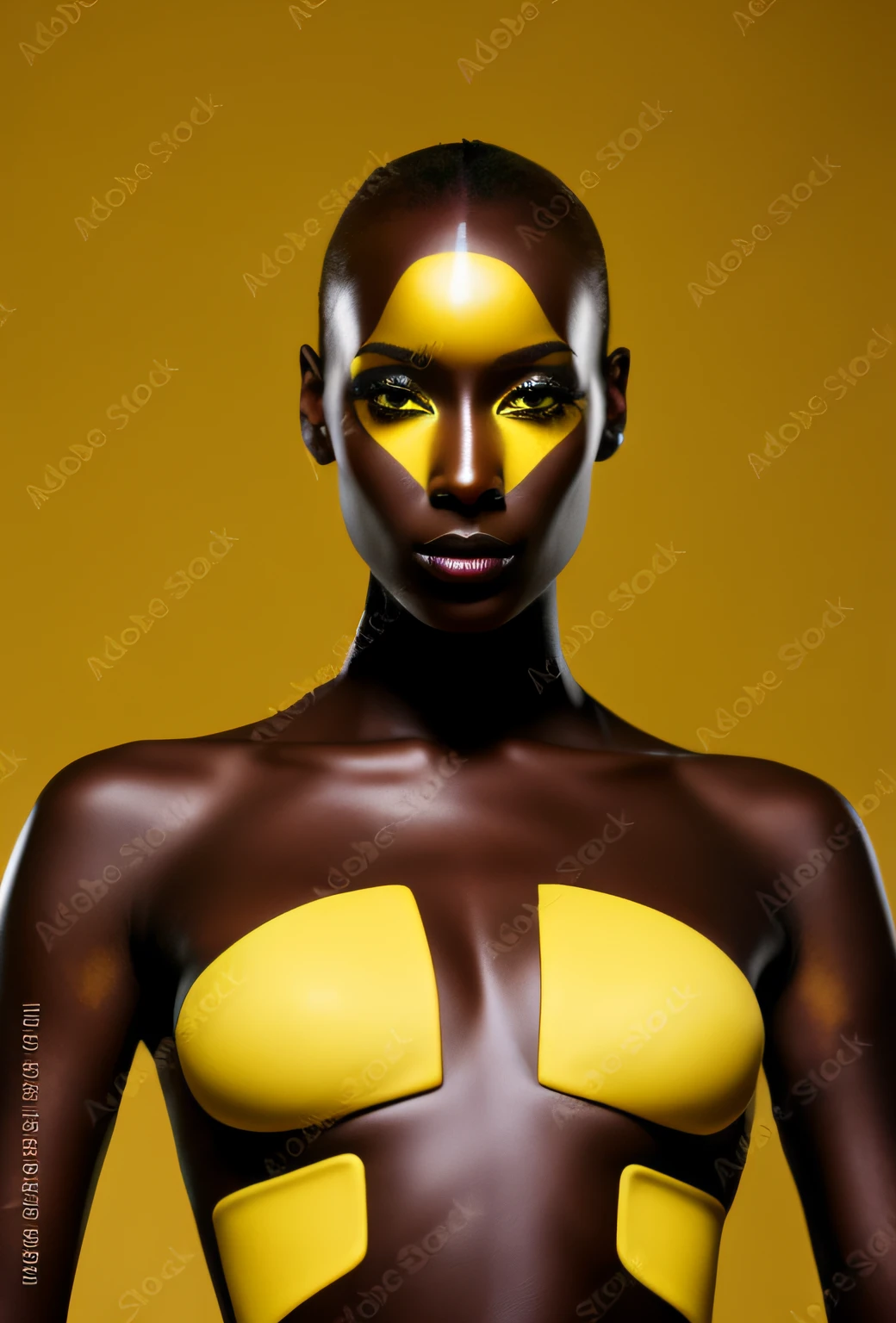 a close up of a woman with a yellow and black body paint, african female android, futuristic woman portrait, portrait of female humanoid, portrait of a female android, fashionable futuristic woman, portrait of female android, golden bodypaint, beautiful futuristic himba woman, portrait of metallic face, beautiful yellow woman, portrait futuristic solider girl, futuristic himba young woman