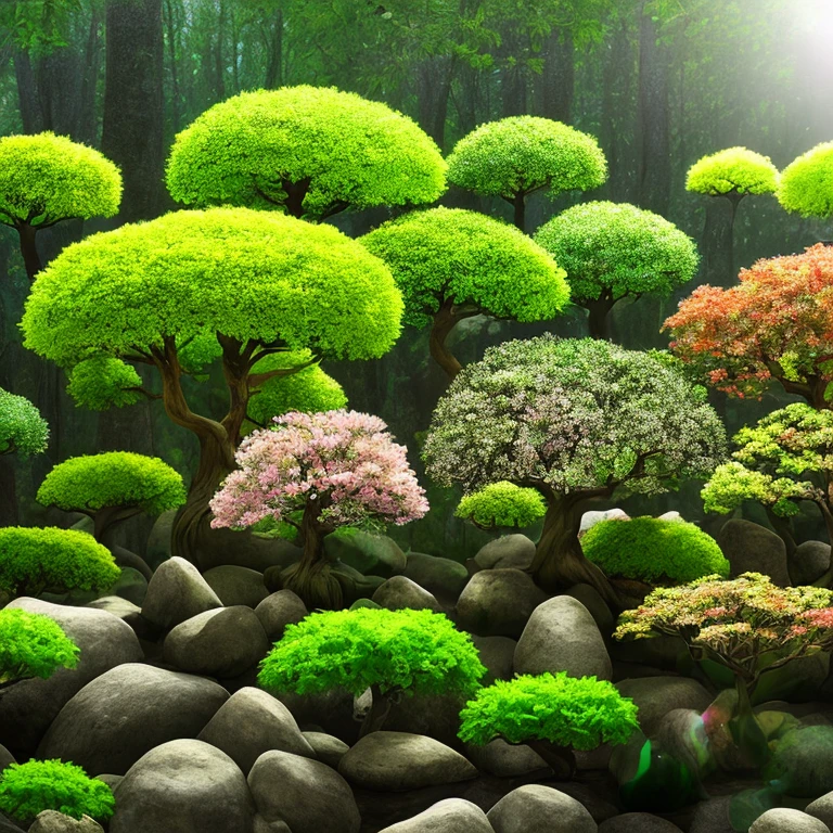 A masterpiece in the form of a world of bonsais with rainbowcolored flowers inside a beautiful, illuminated miniature bonsai forest, 3d render, photo, poster, wildlife photography