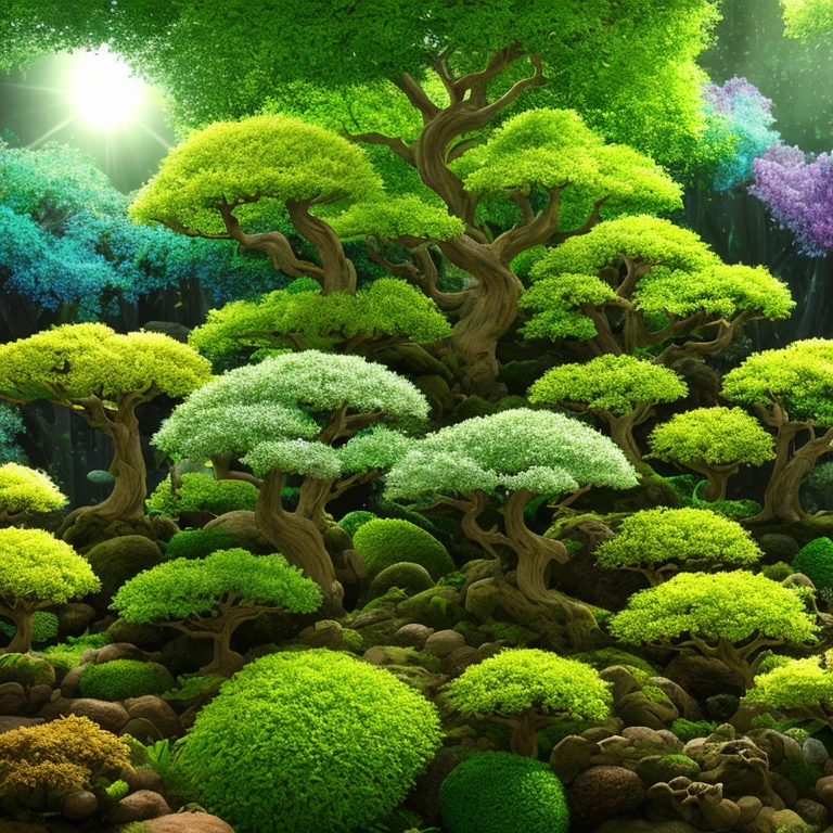 A masterpiece in the form of a world of bonsais with rainbowcolored flowers inside a beautiful, illuminated miniature bonsai forest, 3d render, photo, poster, wildlife photography