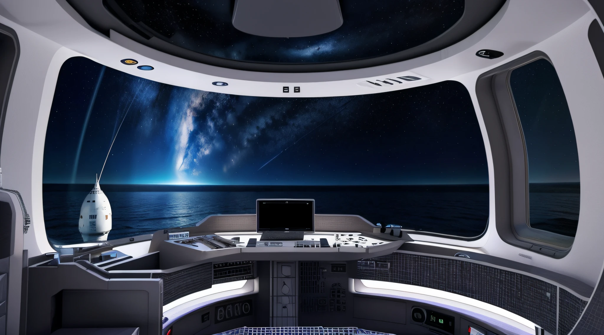 Una cabina de una nave espacial alienigena vista hacia el frente, se ve el espacio. War spaceship with artillery and laser defenses , Science-Fiction, Arte digital, scifi art, Futuristic Sci-Fi Spaceship Cabin, nave espacial en movimiento, Reflection light, Desenfoque de movimiento, UHD, alta calidad, Altas Resoluciones, Detalles altos del interior, consola frontal, Detalles altos, perspectiva desde plano interior, Vista en perspectiva, render 3D ideal, hyper realista, planeta desolado.((cabina de. vuelo nave espacial)), (((vista de los pilotos de la nave))) ((Armed with cannons and missiles)) planeta cercado, (CALOR AGOBIANTE EN EL ATARDECER), ((vista hacia adelante)) Con ventana grande, excellent finish and design details, (((INTERIOR DE LA CABINA DE LOS PILOTOS, VISTA HACIA ADELANTE)),(((NAVE DE GUERRA))), (((Photographic reality, OBRA MAESTRA DEL 3D)))
