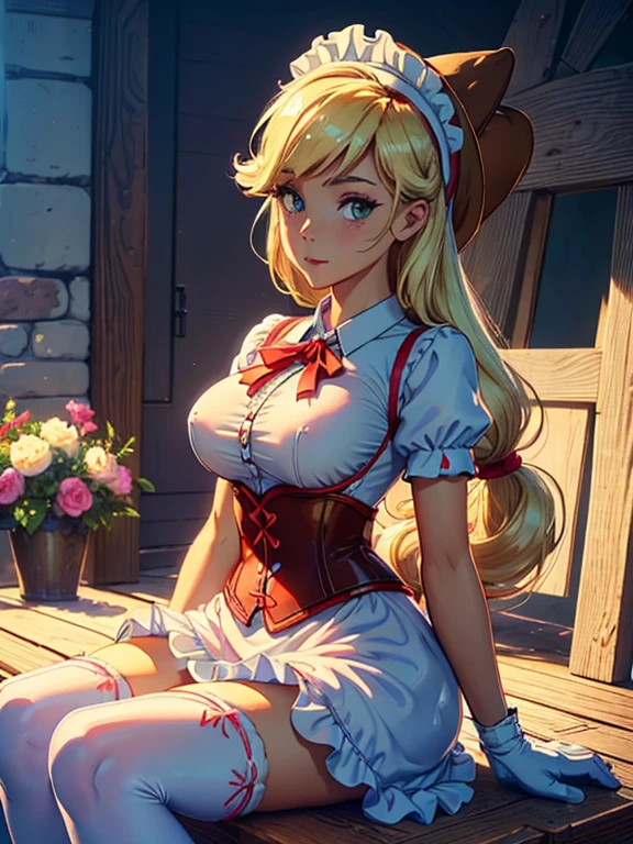 (highres), (absurdreest quality), (high quality), (masterpiece), AppleJack, Applejack from my little pony, big breastes, Lush breasts, elastic breasts, cleveage, exuberant hair, straight hair, red elastic band on the hair, toned body, brawn, housemaid, maid, maid headdress, white corset, lace corset, apron, frills, frilled apron, puffy sleeves, short sleeves, white gloves, white thighhighs, arms behind back, looking at viewer,, pretty, broom in hand, fishnet stockings, beste-Qualit, Very detailed, Slippers