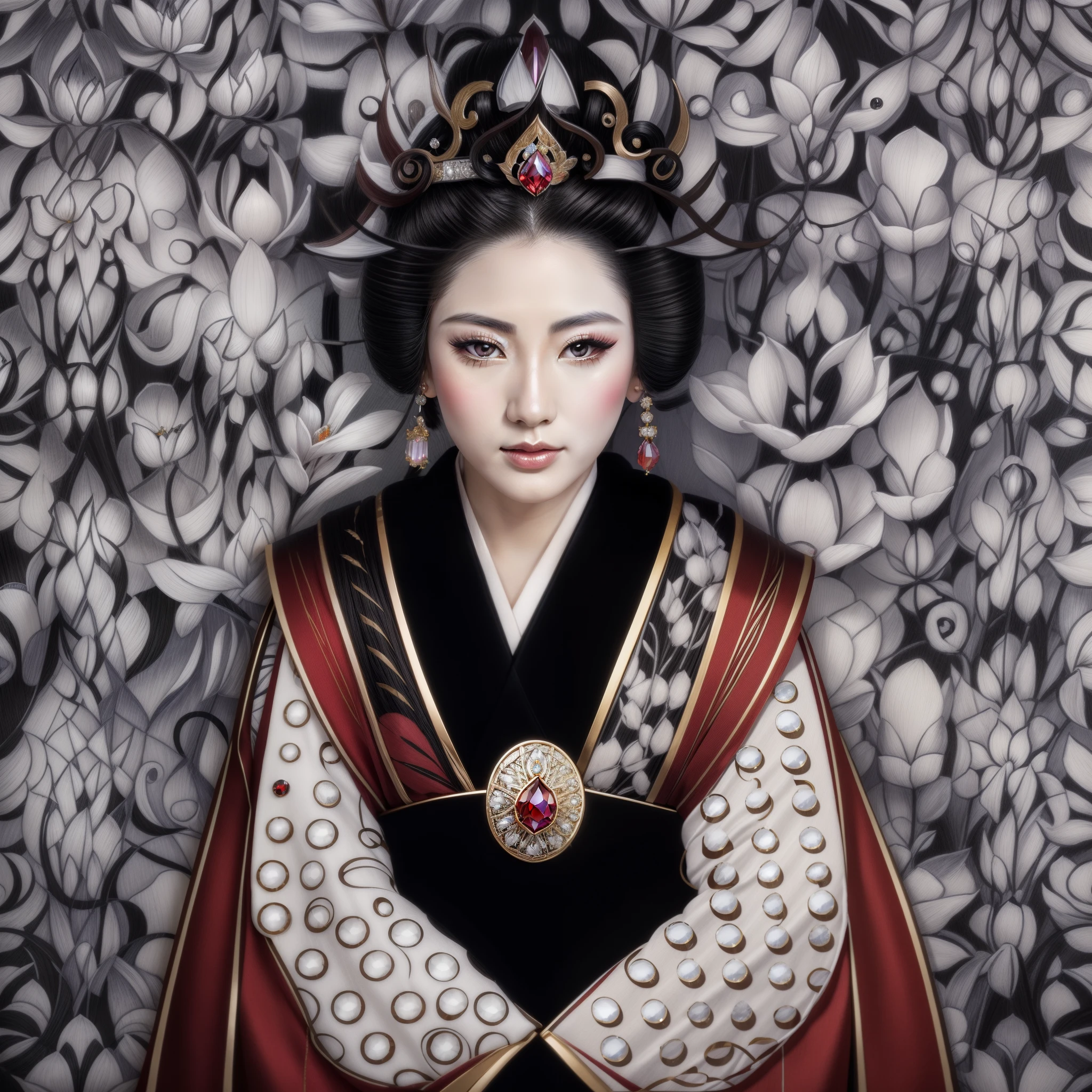 A beautiful young geisha, with black hair, full lips, beautiful eyes, silky, porcelain-white skin, wearing a crystal tiara crown and diamonds on her head, wearing crystal earrings, wearing a beautiful stylized black and white kimono, and on the In the background there are bright crystalline flowers of all colors, geisha of beauty surrounded by jewels, a beautiful hyperrealistic geisha, very rare oriental beauty, goddess of precious stones, queen of treasure, a beautiful photorealistic geisha, geisha of jewels with intricate details.