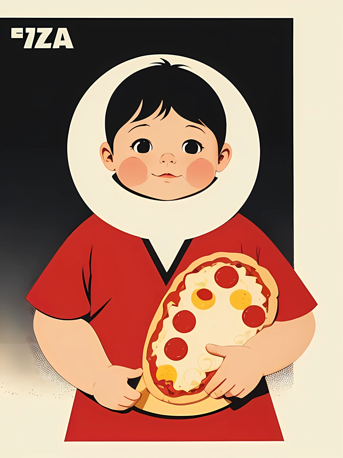 Pizza baby, simple design, poster, swiss international style, 1960's, a chubby infant holding a pizza, SFW