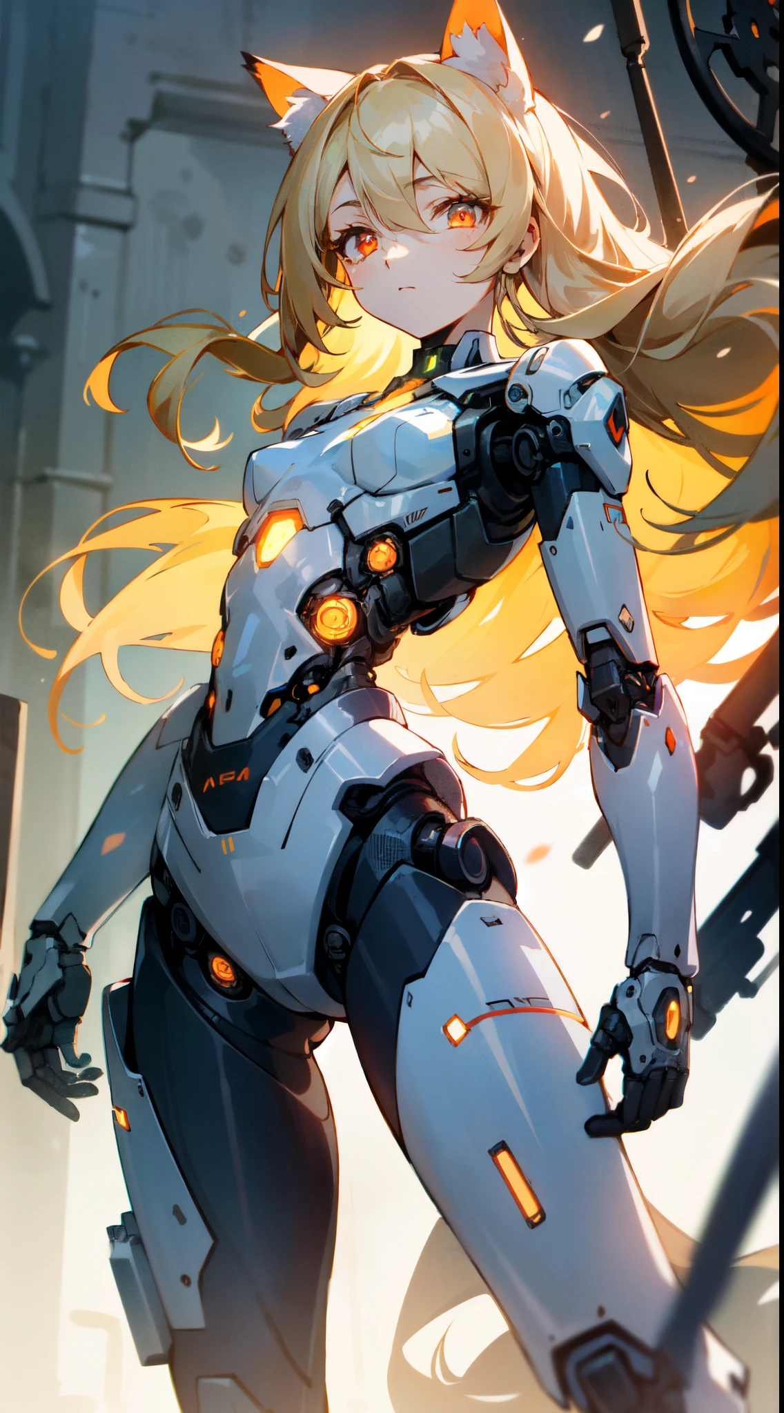an extremely delicate,
beautiful girl,
break,
8k,
best quality,
masterpiece,
ultra hires,
ultra detailed girl,
super fine illustration,
break,
cowboy shot,
dynamic pose,
rim lighting,
Cinematic Lighting,
outdoors,
(street:1.2),
day,
(sunny:1.2),
bright,
break,
1girl,
solo,
(cyborg girl:1.3),
college age,
perfect female body,
long hair,
big hair,
air bangs,
long bangs between eyes,
fluffy hair,
(shiny blonde hair),
boyish face,
(red glowing cyborg eyes:1.2),
(bare thighs:1.2),
(bare shoulders:1.2),
small breasts,
break,
white body with indigo patterns,
(mechanical joints:1.2),
pale blue energy core,
thigh high socks,
chest armor,
mechanical cat ears,