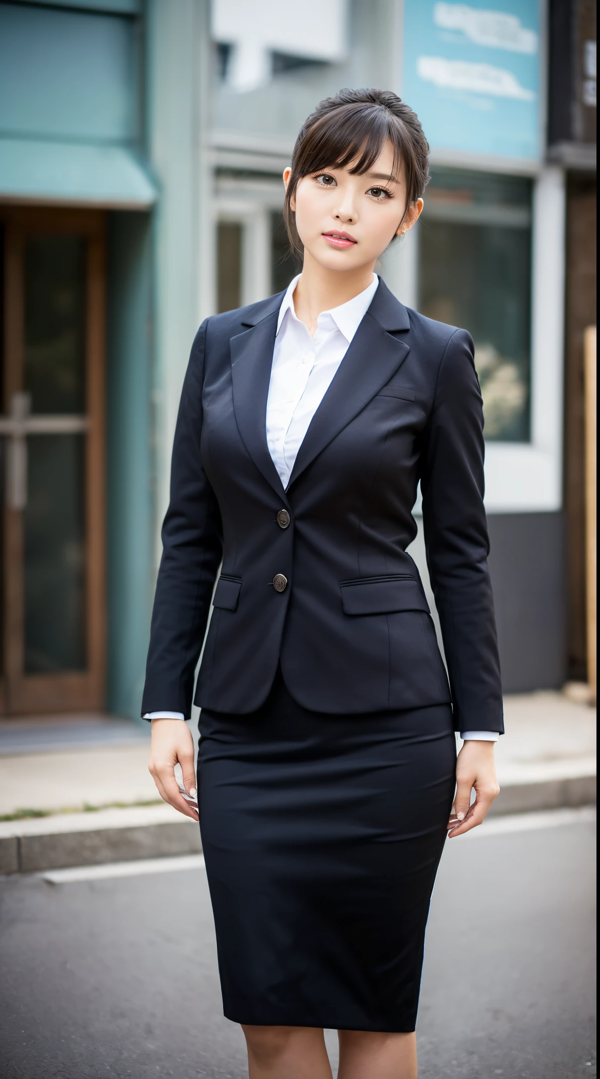 (masutepiece,High quality:1.3),(depth of fields:1.3) ,((front body:1.35)),  Japanese ,beautiful woman,Chignon,Black Piece suit, collared shirt, Black pencil skirt,Huge breasts,(Looking at Viewer:1.3),(Full body:1.2),