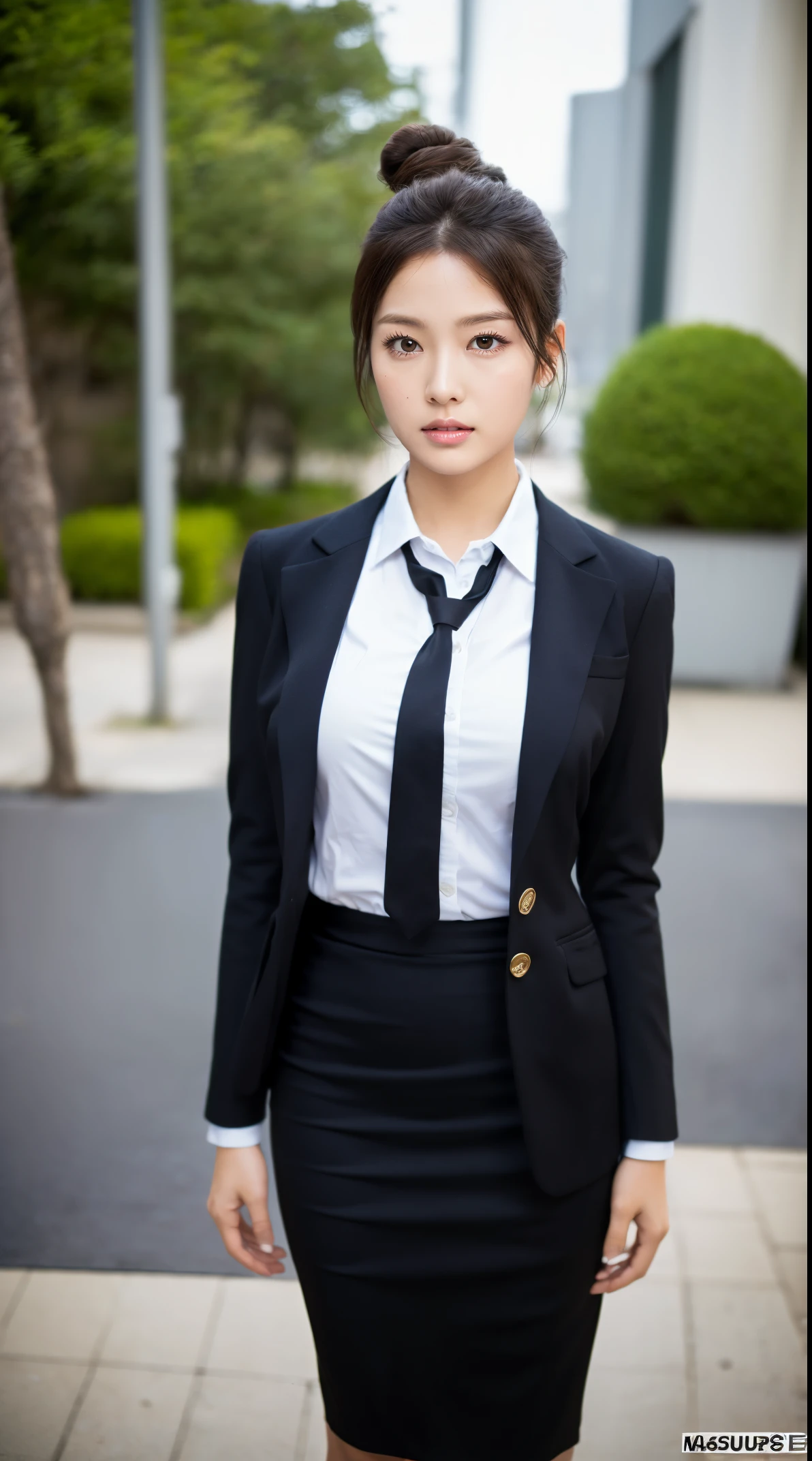 (masutepiece,High quality:1.3),(depth of fields:1.3) ,((front body:1.35)),  Japanese ,beautiful woman,Chignon,Black Piece suit, collared shirt, Black pencil skirt,Huge breasts,(Looking at Viewer:1.3),(Full body:1.2),