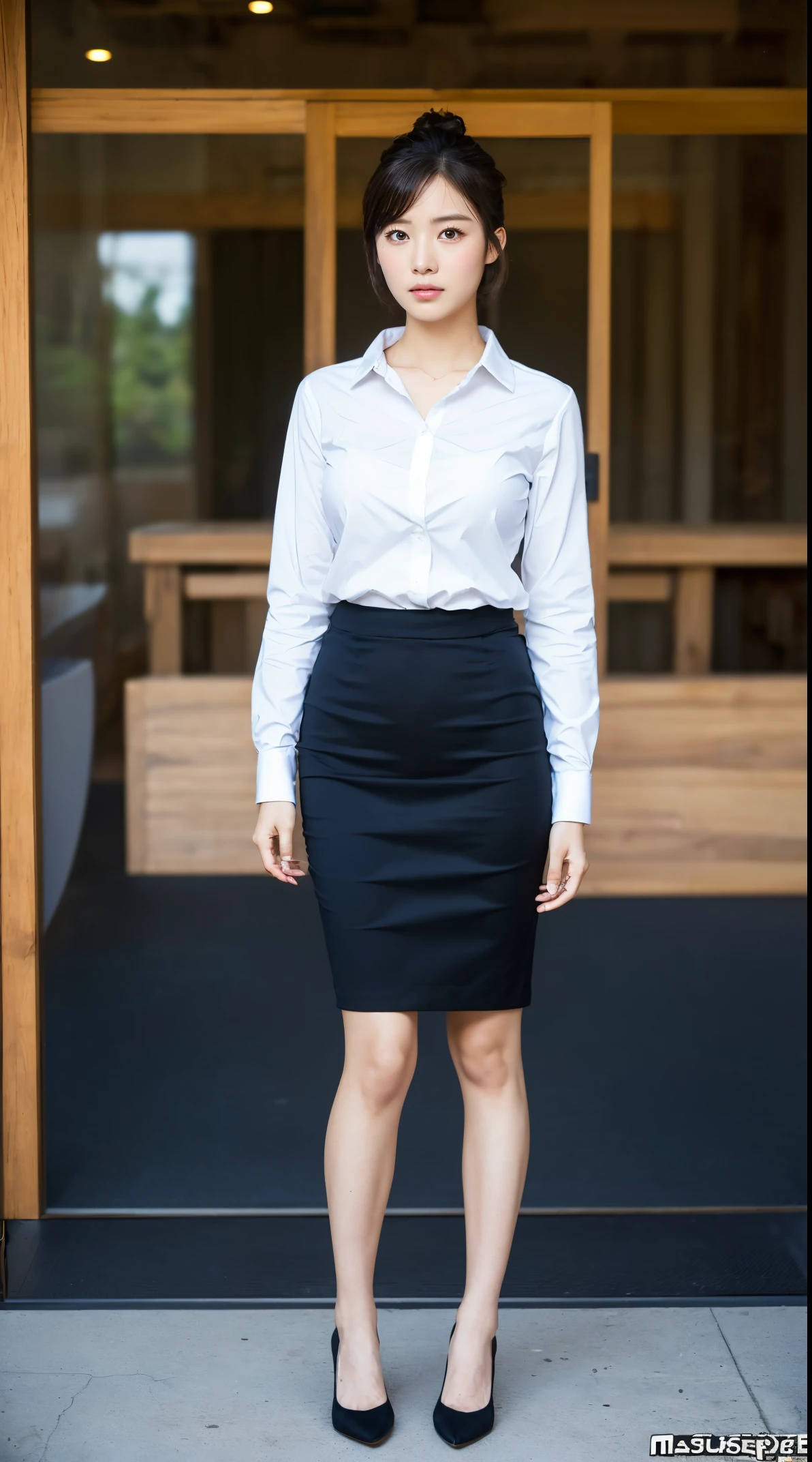 (masutepiece,High quality:1.3),(depth of fields:1.3) ,((front body:1.35)), Japanese ,beautiful woman,Chignon,Black Piece suit, collared shirt, Black pencil skirt,Huge breasts,(Looking at Viewer:1.3),(Full body:1.2),