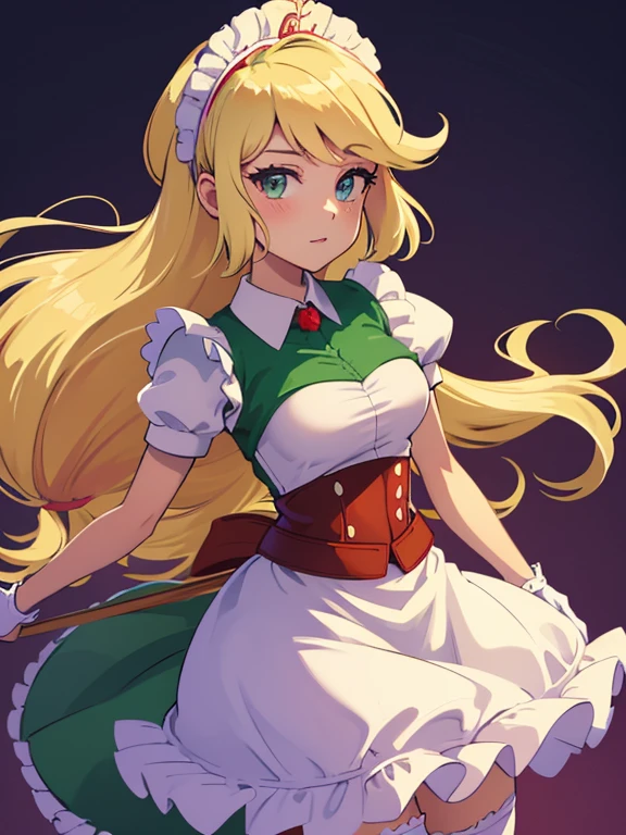 (highres), (absurdreest quality), (high quality), (masterpiece), AppleJack, Applejack from my little pony, big breastes, Lush breasts, elastic breasts, cleveage, exuberant hair, straight hair, red elastic band on the hair, toned body, brawn, housemaid, maid, maid headdress, white corset, lace corset, apron, frills, frilled apron, puffy sleeves, short sleeves, white gloves, white thighhighs, arms behind back, looking at viewer,, pretty, broom in hand, fishnet stockings, beste-Qualit, Very detailed, Slippers