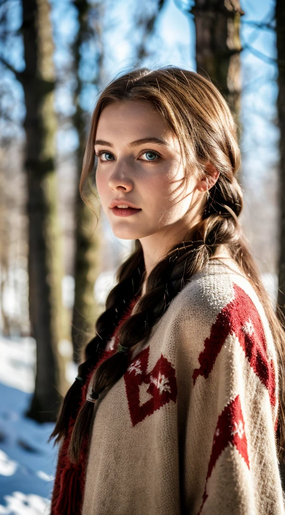 RAW, professional photograph, medium shot, photorealistic, realistic lights, realistic shadows, hyper-realistic, ray tracing, super detail, UHD, 8k, female, twenty years old, athletic body, soft facial features, long braided hair, viking hairstyle, straight hair, crimson hair, crimson eyes, viking clothing, forest in winter
Negative Prompt