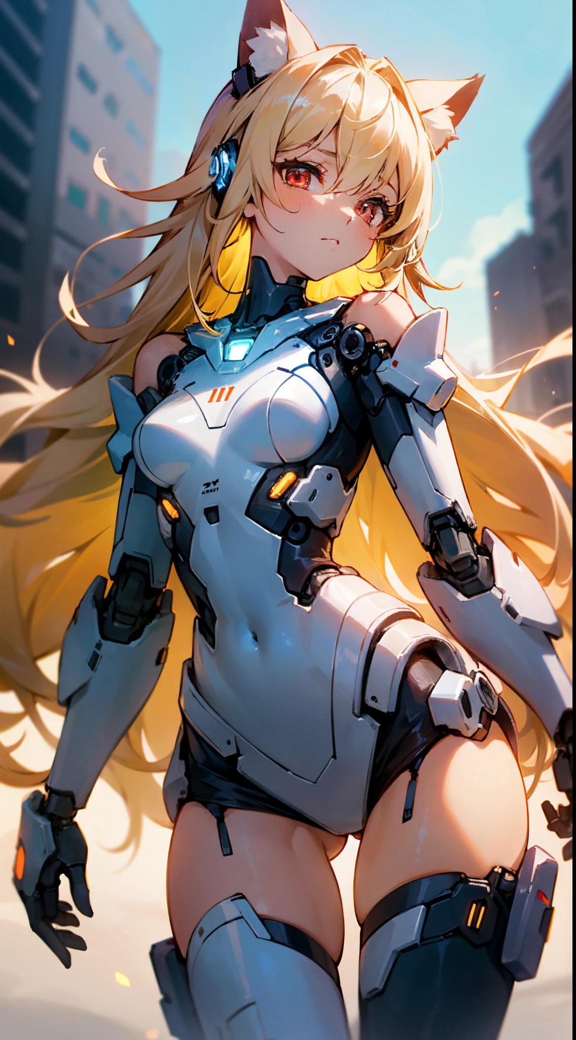 an extremely delicate,
beautiful girl,
break,
8k,
best quality,
masterpiece,
ultra hires,
ultra detailed girl,
super fine illustration,
break,
cowboy shot,
dynamic pose,
rim lighting,
Cinematic Lighting,
outdoors,
(street:1.2),
day,
(sunny:1.2),
bright,
break,
1girl,
solo,
(cyborg girl:1.3),
college age,
perfect female body,
long hair,
big hair,
air bangs,
long bangs between eyes,
fluffy hair,
(shiny blonde hair),
boyish face,
(red eyes),
(glowing cyborg eyes:1.2),
(bare thighs:1.2),
(bare shoulders:1.2),
small breasts,
break,
white body with indigo patterns,
(mechanical joints:1.2),
pale blue energy core,
thigh high socks,
chest armor,
mechanical cat ears,