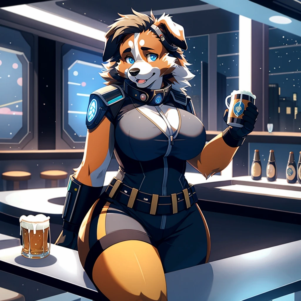 (no hat), eye liner, makeup, 1girl, (subtle blush), Digital art style, (wide shot, detail background:1.23), FrenniFazclaire extending a hand to the viewer, POV, bar setting, toned waist, large breasts, huge ass, wide hips, thick thighs, symmetrical eyes, (fair skin, gleaming skin), (facing forward),