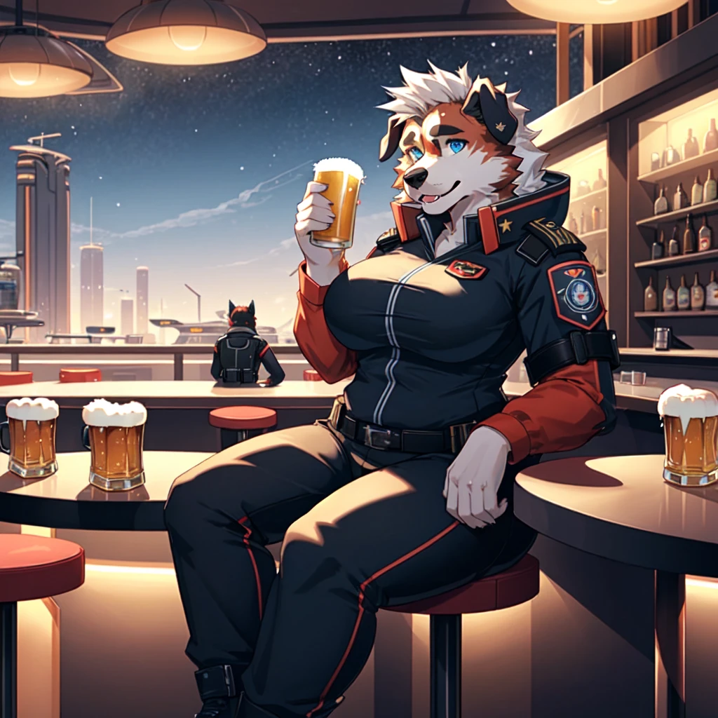 solo, 1girl, ((Saint Bernard)), anthro, furry, female, feminine, floppy ears, ((blue eyes)), sci-fi, night time, ((voluptuous, curvy)), futuristic military uniform, sci-fi military uniform, 1 mug of beer, sci-fi bar, futuristic bar,