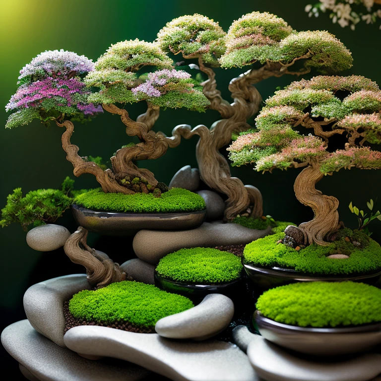 A masterpiece in the form of a world of bonsais with rainbowcolored flowers inside a beautiful, illuminated miniature bonsai forest, 3d render, photo, poster, wildlife photography