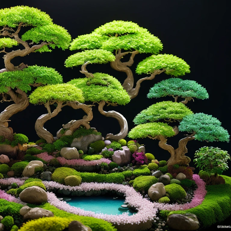 A masterpiece in the form of a world of bonsais with rainbowcolored flowers inside a beautiful, illuminated miniature bonsai forest, 3d render, photo, poster, wildlife photography
