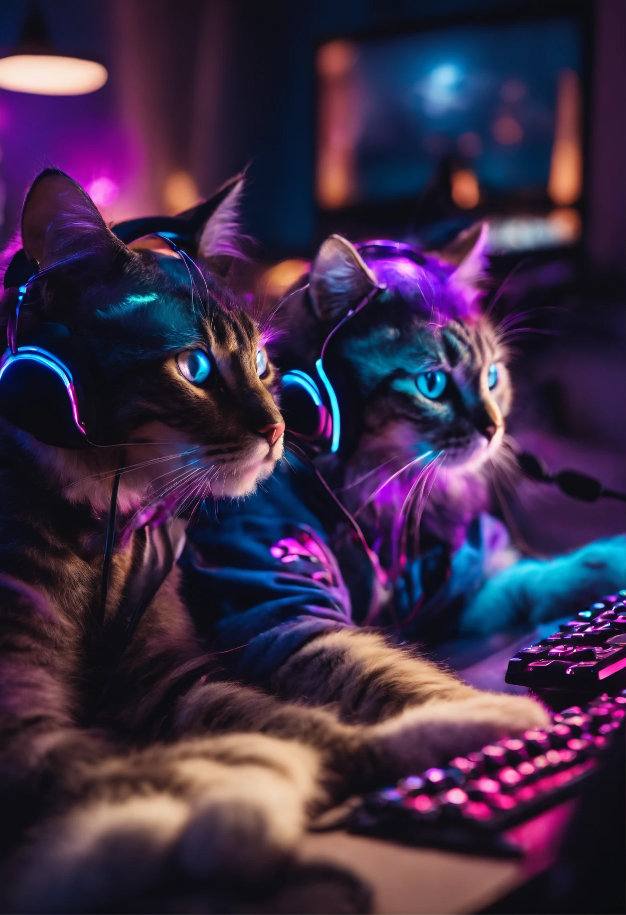 2 gamer cats,each cat is wearing gamers clothes, each of the 2 cats is wearing a large headset, sitting infront of a computer screen, playing videos games, neon lights, high quality, high detail, 8k