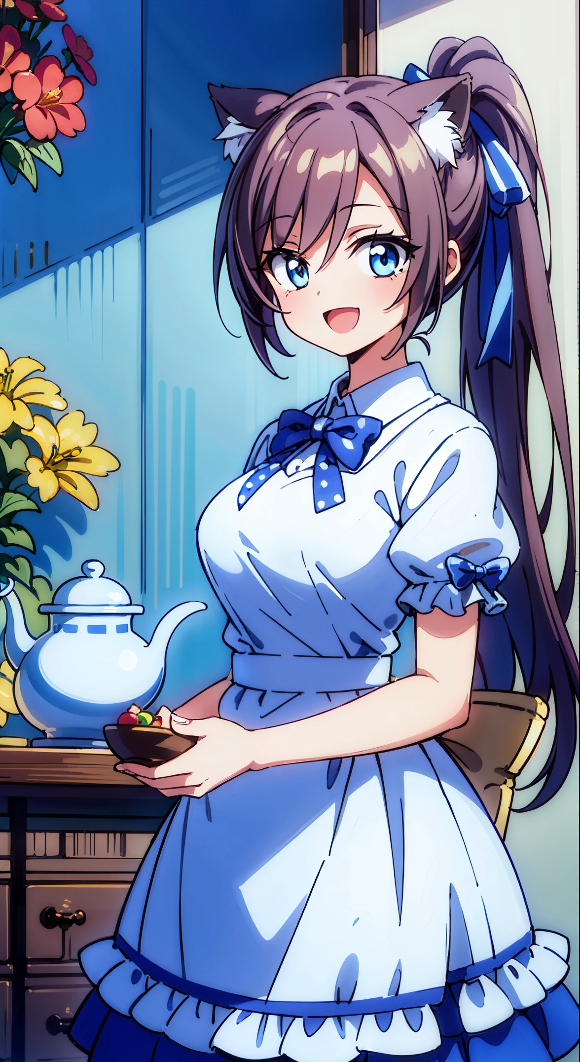 (masutepiece, Transparent air, Transparent eyes,Best Quality, Perfect Anatomy, High quality:1.4), absurderes, absolutely resolution, unbelievable Ridiculous, hight resolution, ultra-detailliert, Official art, Unity 8k壁纸, Kinetic typography,nice hand, Perfect hands, Detailed beautiful hands, Large_filesize, fulcolor, hight resolution, symmetric, exceptional, Best aesthetic, newest, Anime, very beautiful detailed body,The hair,faces,The eye, BREAK,  1 beautiful girl, (17 years old girl), Very detailed, colourfull, highest details, BREAK, (Huge breasts: 1. 2,), Clear skin, Beautiful skin, Shy skin, 1 beautiful girl, Brown hair, (Cat ears, Ponytail, medium-Long hair: 1. 2), (Light blue eyes, long eyelashes, Double eyelids: 1. 2),Solo,gleaming skin, Clear skin, Beautiful skin,(best quality face),(Top quality glowing eyes),(The best smile,:D:1.45), 

BREAK,Indoor, (Narrow waist), wide hips, polypropylene,(Happy,Smile:1.3), (((Cute Patchwork Quilt,kawaii room,Embroidery Accessories,)))(((Girly Goods,Cute Quilted Patchwork Toys,bow ribbon,Quilt Patchwork,basket))),

,BREAK,(((to stand))), In the garden, Daylight, Detailed background, The table,Showroom,tee,basket,bottles,butter,flower,a cake,food,hawke,] Knives,fruit,Cute glass teapot,raspberry,Fruit Pound Cake,fruitcake,Fruit tart,apple pie,daisy,veggies,........jar,vases,bottles,Leaves,Lemon cake,Lily_(flower),Apron,Kotaheko Address, (((((head-on))))),Waterfall,depth of fields,

 BREAK,wakame,wakame,wakame,(Cowboy Shot:1.4), 

BREAK,(Blurry background:1.3),(absurderes, hight resolution, Super Detail Art),cel shading,Clear Color, Lonely optical effect, Beautiful pictures, Bright glow, mystic atmosphere,(Close-up of girl:1.1), Mystical light particle effect,manga influence, clean line drawings,