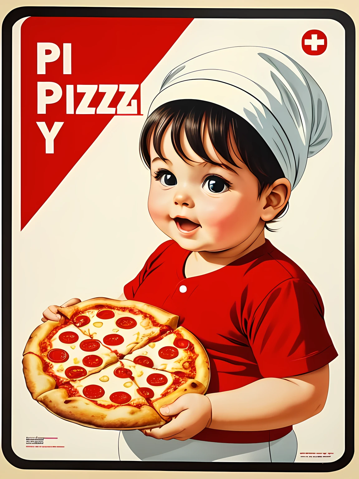 Pizza baby, simple design, poster, swiss international style, 1960's, a chubby infant holding a pizza pie, SFW